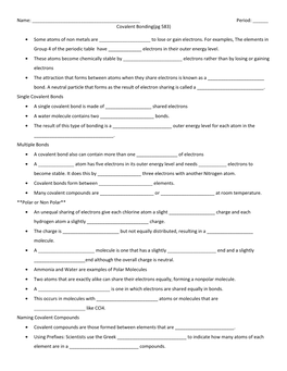 Period: ___Covalent Bonding(Pg 583) Some Atoms of Non Metals