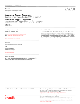 In Nomine Zappa, Zappatore Sketch of an Hypothesis (S/Z2) + (Sv/Gw) in Nomine Zappa, Zappatore Esquisse D’Une Hypothèse (S/Z2) + (Sv/Gw) John Rea