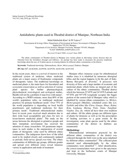 Antidiabetic Plants Used in Thoubal District of Manipur, Northeast India