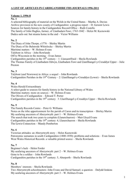 A List of Articles in Cardiganshire Fhs Journals 1996-2011