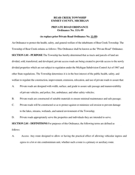 BEAR CREEK TOWNSHIP EMMET COUNTY, MICHIGAN PRIVATE ROAD ORDINANCE Ordinance No. 11A-99 (To Replace Prior Private Road Ordinance