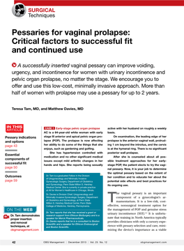 Pessaries for Vaginal Prolapse: Critical Factors to Successful Fit and Continued Use