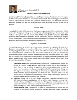 Tatang's Legacy in the Stock Market Last January 19, Henry Sy Sr. Passed Away Peacefully in His Sleep. As a Testament to His L