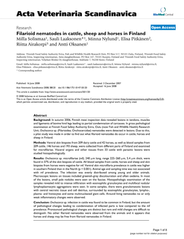 Filarioid Nematodes in Cattle, Sheep and Horses in Finland Milla Solismaa1, Sauli Laaksonen*1, Minna Nylund1, Elisa Pitkänen2, Riitta Airakorpi3 and Antti Oksanen1