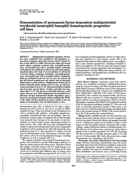 Erythroid/Neutrophil/Basophil) Hematopoietic Progenitor Cell Lines (Self-Renewal/Stem Cells/Differentiation/Bone Marrow/Growth Factors) JOEL S