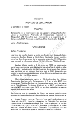 (S-2722/16) PROYECTO DE DECLARACIÓN El Senado De La