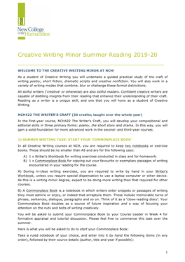 Creative Writing Minor Summer Reading 2019-20 ______