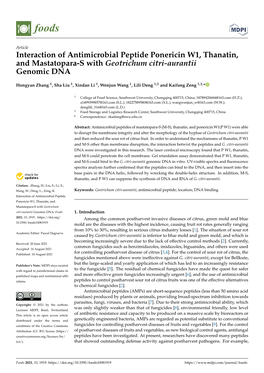 Interaction of Antimicrobial Peptide Ponericin W1, Thanatin, and Mastatopara-S with Geotrichum Citri-Aurantii Genomic DNA