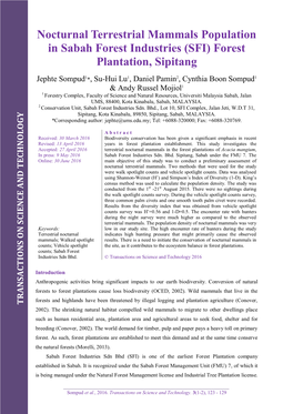 Nocturnal Terrestrial Mammals Population in Sabah Forest Industries (SFI) Forest Plantation, Sipitang