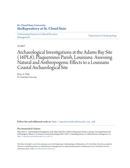 Plaquemines Parish, Louisiana: Assessing Natural and Anthropogenic Effects to a Louisiana Coastal Archaeological Site Ryan A