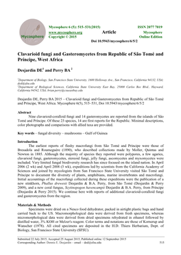 Clavarioid Fungi and Gasteromycetes from Republic of São Tomé and Príncipe, West Africa