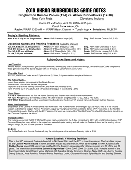 Rubberducks Game Notes 043018