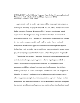 Playing Tough and Clean Hockey: Developing Emotional Management Skills to Reduce Individual Player Aggression