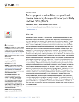 Anthropogenic Marine Litter Composition in Coastal Areas May Be a Predictor of Potentially Invasive Rafting Fauna