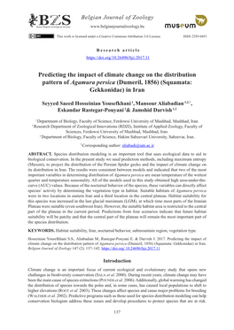Predicting the Impact of Climate Change on the Distribution Pattern of Agamura Persica (Dumeril, 1856) (Squamata: Gekkonidae) in Iran