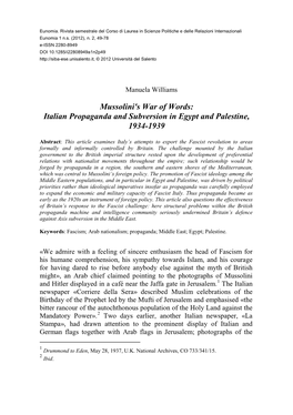 Mussolini's War of Words: Italian Propaganda and Subversion in Egypt and Palestine, 1934-1939