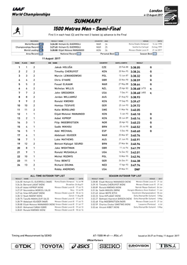 SUMMARY 1500 Metres Men - Semi-Final First 5 in Each Heat (Q) and the Next 2 Fastest (Q) Advance to the Final