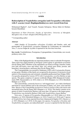 Article Redescription of Neophyllobius Astragalusi and Favognathus Orbiculatus with F. Acaciae (Acari: Raphignathoidea) As A