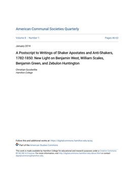 A Postscript to Writings of Shaker Apostates and Anti-Shakers, 1782-1850: New Light on Benjamin West, William Scales, Benjamin Green, and Zebulon Huntington