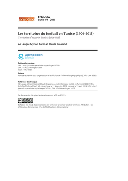 Les Territoires Du Football En Tunisie (1906-2015) Territories of Soccer in Tunisia (1906-2015)