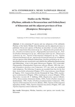 Phylinae, Addenda to Deraeocorinae and Orthotylinae) of Khuzestan and the Adjacent Provinces of Iran (Hemiptera: Heteroptera)