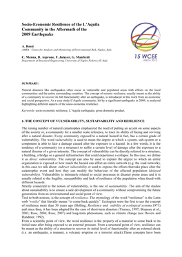 Socio-Economic Resilience of the L'aquila Community in The