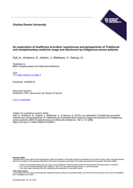 An Exploration of Healthcare Providers' Experiences and Perspectives of Traditional and Complementary Medicine Usage and Disclosure by Indigenous Cancer Patients