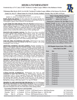 MEDIA INFORMATION Frederick Keys (17-17, 2Nd, 2.5 GB / Northern) Carolina League Affiliate of the Baltimore Orioles Vs