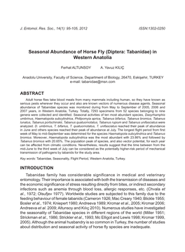 Seasonal Abundance of Horse Fly (Diptera: Tabanidae) in Western Anatolia