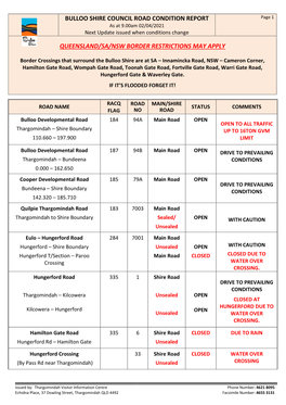 BULLOO SHIRE COUNCIL ROAD CONDITION REPORT Page 1 As at 9.00Am 02/04/2021 Next Update Issued When Conditions Change