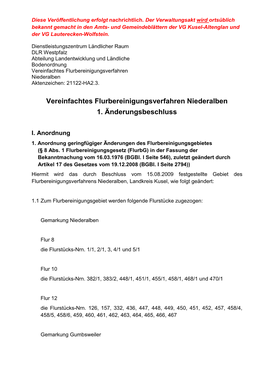 Vereinfachtes Flurbereinigungsverfahren Niederalben Aktenzeichen: 21122-HA2.3