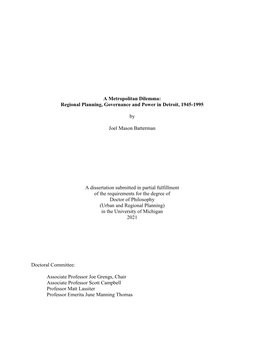 Regional Planning, Governance and Power in Detroit, 1945-1995 by Joel