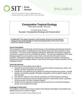 Comparative Tropical Ecology ENVI-3005 (3 Credits / 45 Hours)