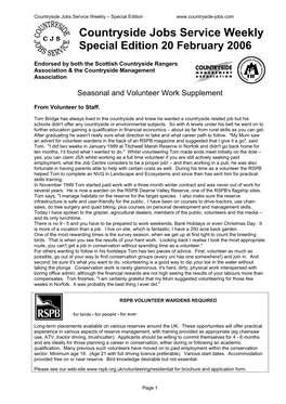 Countryside Jobs Service Weekly – Special Edition Countryside Jobs Service Weekly Special Edition 20 February 2006
