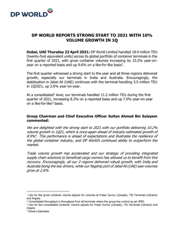 Dp World Reports Strong Start to 2021 with 10% Volume Growth in 1Q