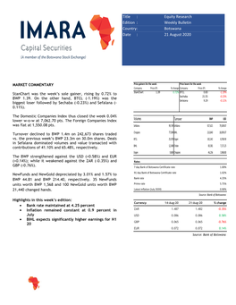 Title : Equity Research Edition : Weekly Bulletin Country : Botswana Date : 21 August 2020 Turnover Volumes