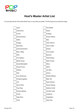 Host's Master Artist List
