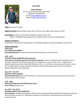 RESUME TERRY SPRAGUE RR #1, Demorestville, Ontario