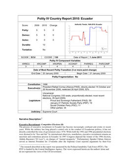 Polity IV Country Report 2010: Ecuador