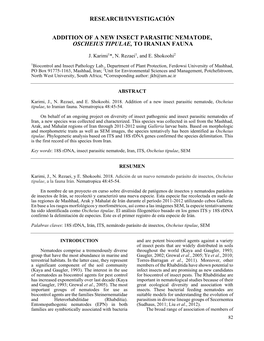 Research/Investigación Addition of a New Insect Parasitic Nematode, Oscheius Tipulae, to Iranian Fauna