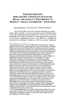 CROWDFUNDING 6.0: DOES the SEC's FINTECH LAW FAILURE REVEAL the AGENCY's TRUE MISSION to PROTECT-SOLELY ACCREDITED- INVESTORS?