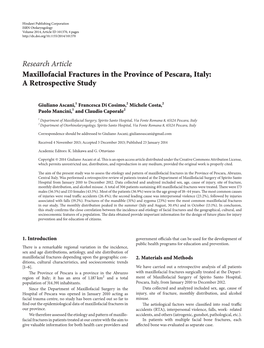 Maxillofacial Fractures in the Province of Pescara, Italy: a Retrospective Study