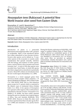 Hexasepalum Teres (Rubiaceae): a Potential New World Invasive Alien Weed from Eastern Ghats