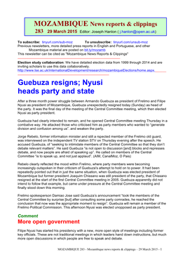 Guebuza Resigns; Nyusi Heads Party and State