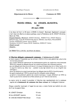 Département De La Marne Commune De THIL PROCES VERBAL DU CONSEIL MUNICIPAL DU 28 Mars 2008