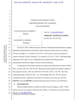 Case No.: 5:18-Cr-00258-EJD-1 ORDER RE: MOTIONS in LIMINE 1 Case 5:18-Cr-00258-EJD Document 798 Filed 05/22/21 Page 2 of 100