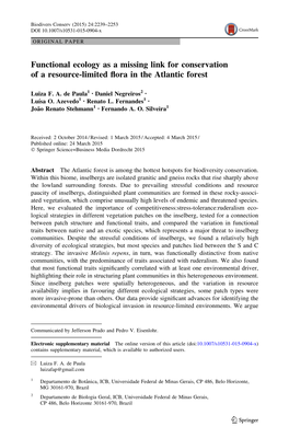 Functional Ecology As a Missing Link for Conservation of a Resource-Limited ﬂora in the Atlantic Forest