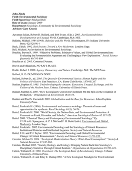 Environmental Sociology Field Supervisor: Michael Bell Date of Exam: January 2009 Department: Sociology; Community & Environmental Sociology Advisor: Gary Greene