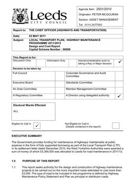 Local Transport Plan Highway Maintenance