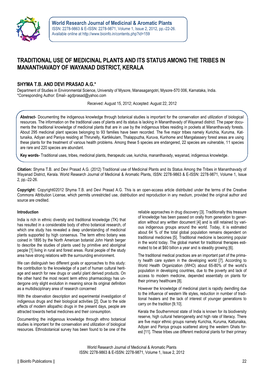 Traditional Use of Medicinal Plants and Its Status Among the Tribes in Mananthavady of Wayanad District, Kerala